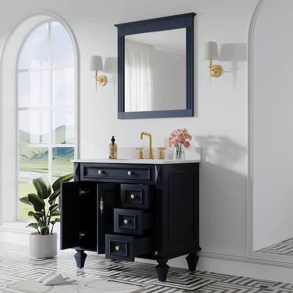 36 in. W x 22 in. D x 35 in. H Single Sink Bath Vanity in Navy Blue with White Stain-Resistant Quartz Top and Mirror