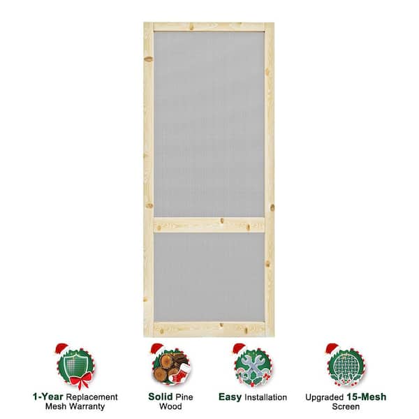 30 in. x 80 in. 2-Lite Single Universal Paneled Railing Style Unfinished Pine Wood and Gauze Mesh Hinged Screen Door