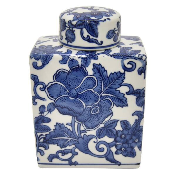 THREE HANDS 6.75 in. Blue Ceramic BandW Jar