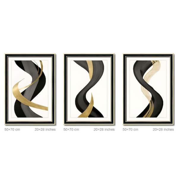 3 Piece Solid Wood Framed Black and Gold Abstract, Replaceable Canvas Prints 28 in. x 20 in Modern Luxury Wall Decor
