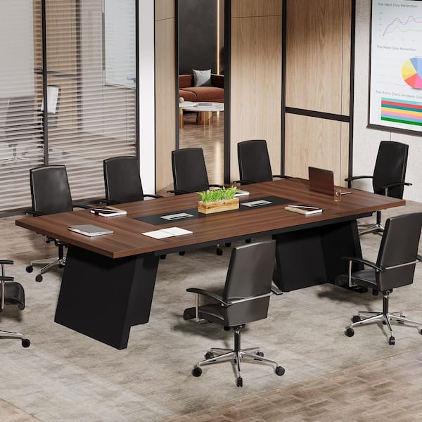 Moronia 94.49 in. Conference Table, 8ft Extra Long Modern Business Seminar Desk with Cable Management, Walnut & Black