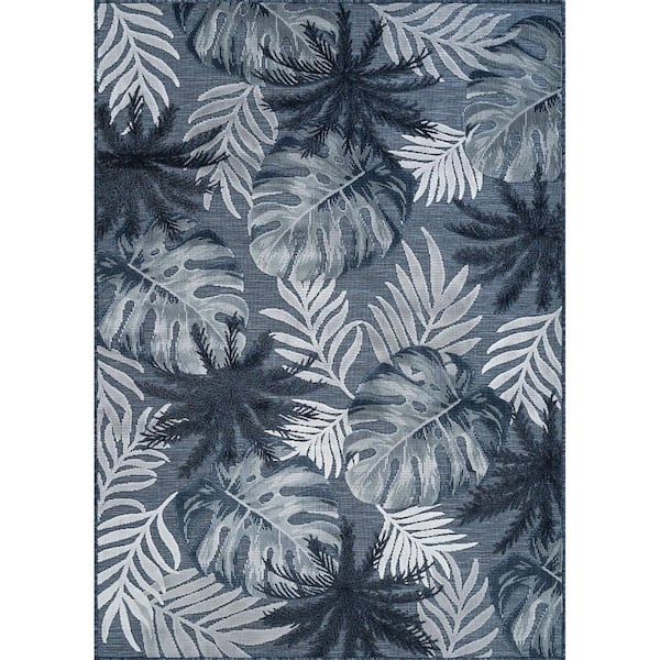 Jungle Navy 10 ft. x 14 ft. Washable Tropical Floral Indoor Outdoor Area Rug