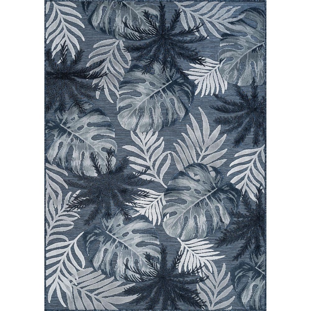 Jungle Navy 8 ft. x 10 ft. Washable Tropical Floral Indoor Outdoor