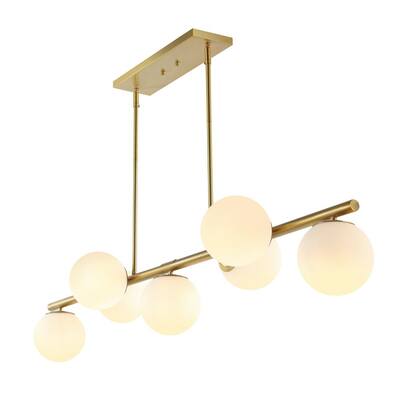 Luca Parisian 53 in. 7-Light Brass Gold/White Modern Glam Iron Globe Linear LED Pendant, Brass Gold