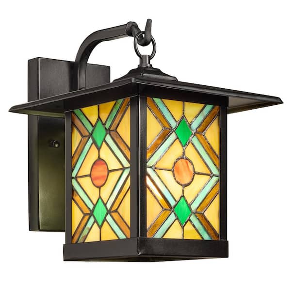 Mission Style 1-Light Black Outdoor Stained Glass Lantern Wall Sconce