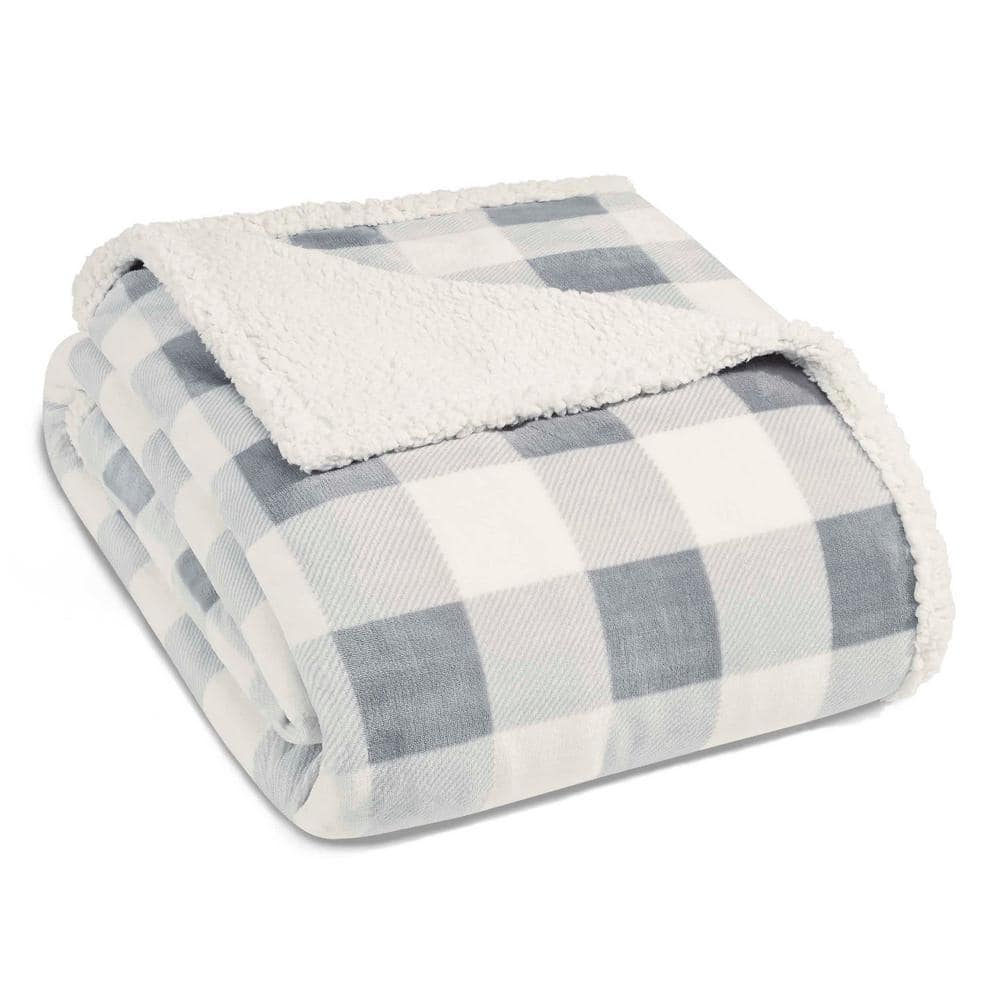 Full Reversible Sherpa Fleece Blanket in Gray Plaid