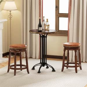 24 in. Walnut Brown Backless Rubber Wood Bar Stool with PU Leather Seat (Set of 2)