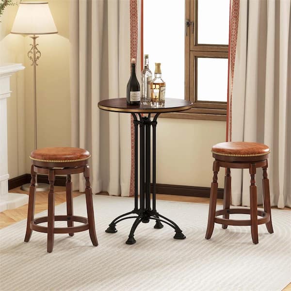 Costway 24 in. Walnut Brown Backless Rubber Wood Bar Stool with PU Leather Seat (Set of 2)