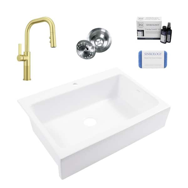 SINKOLOGY Josephine 34 in. 1-Hole Quick-Fit Farmhouse Apron Drop-in Single Bowl White Fireclay Kitchen Sink with Gold Faucet Kit