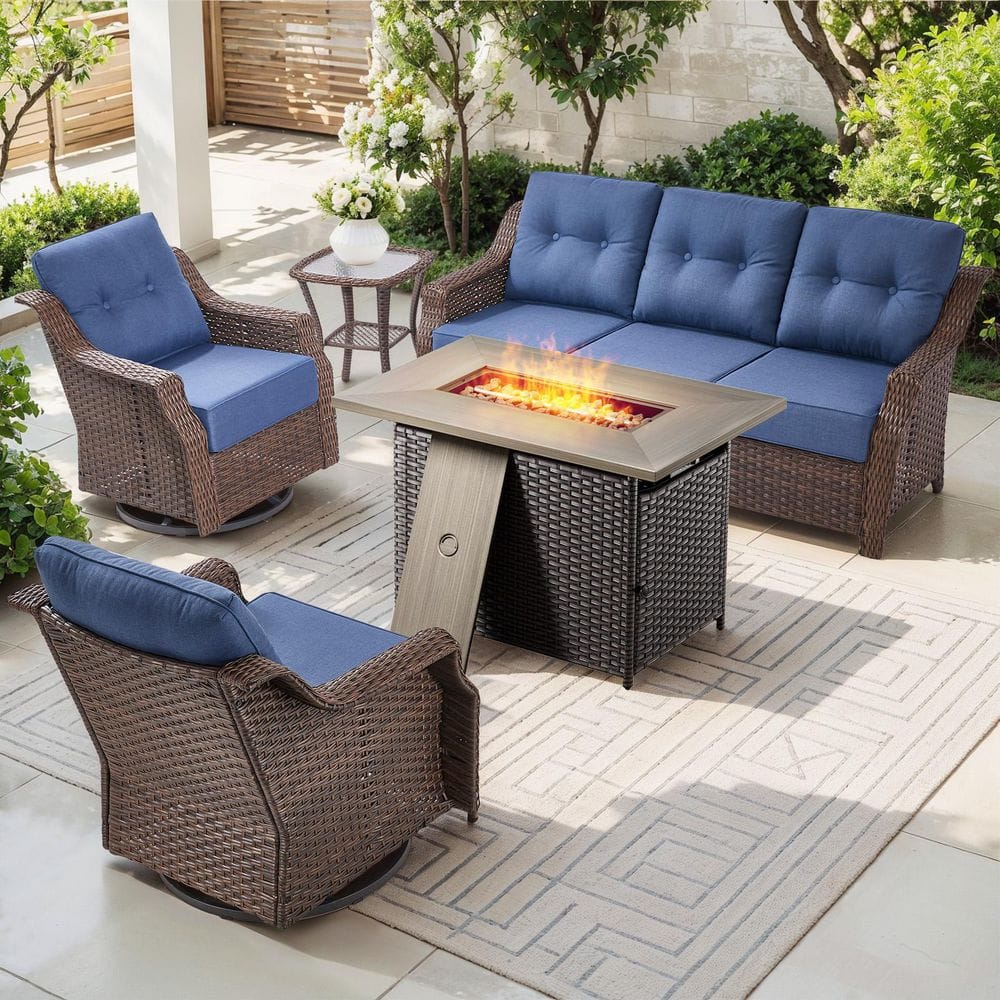FangorHills 5-Piece Wicker Patio Conversation Set with Blue Cushions and Fire Pit Table price history on PriceWatchPro