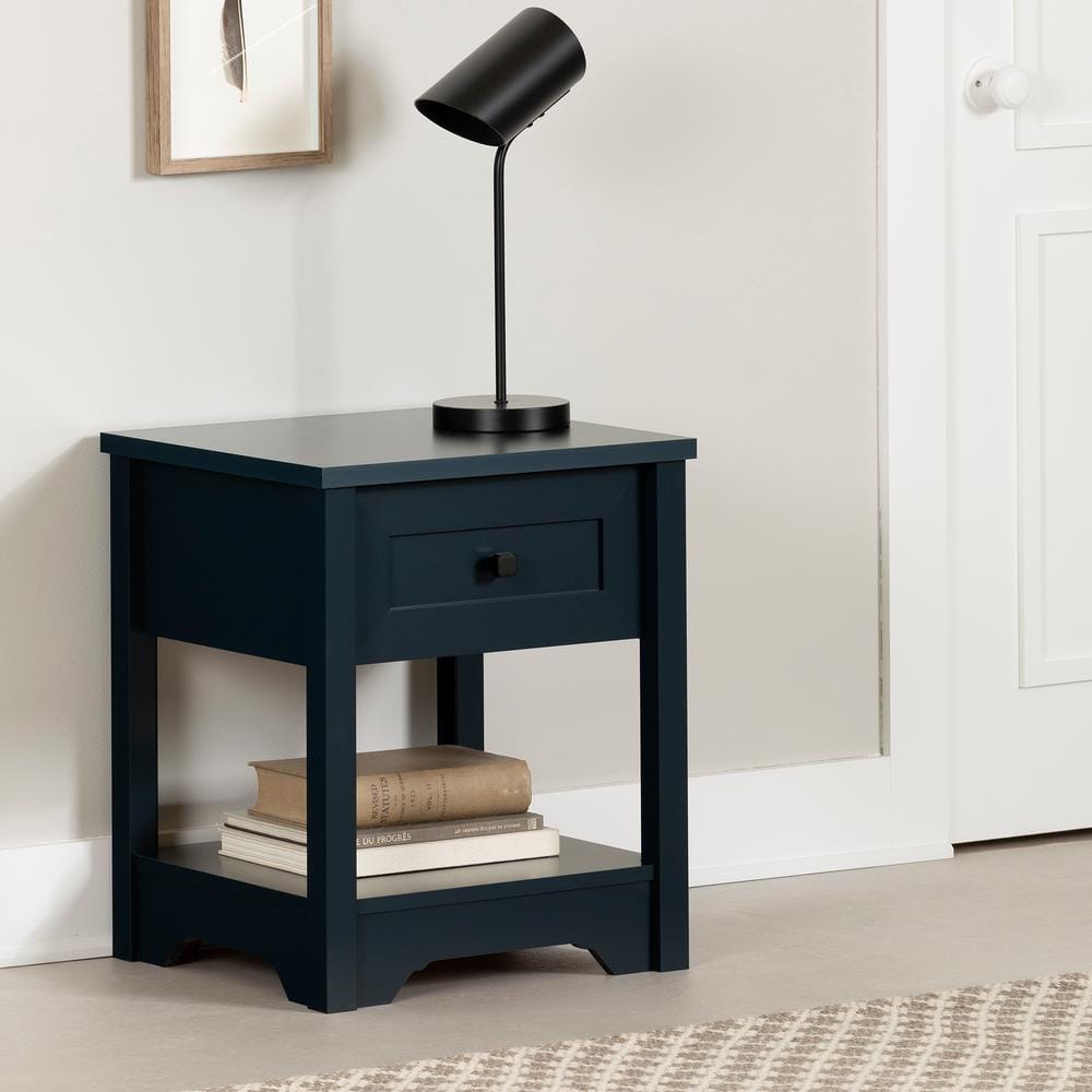 Navy Blue Rectangular Wood End Table with Storage