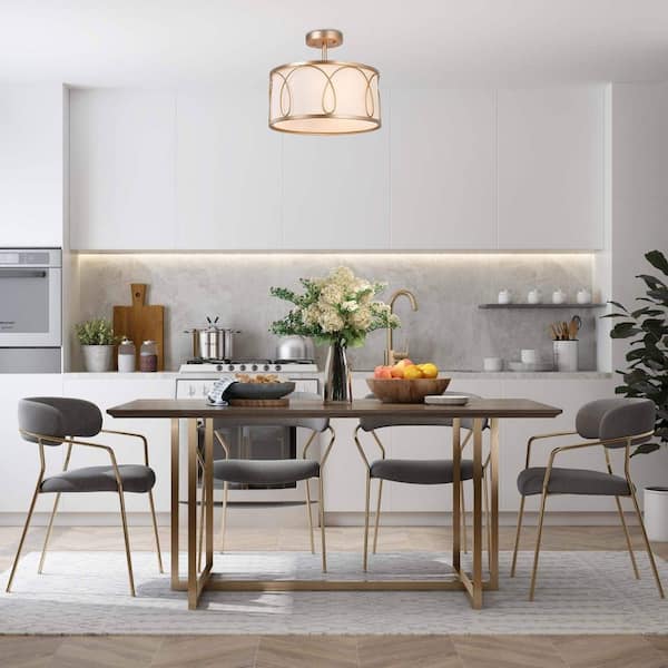 3-Light Gold Semi-Flush Mount Light with Fabric Shade