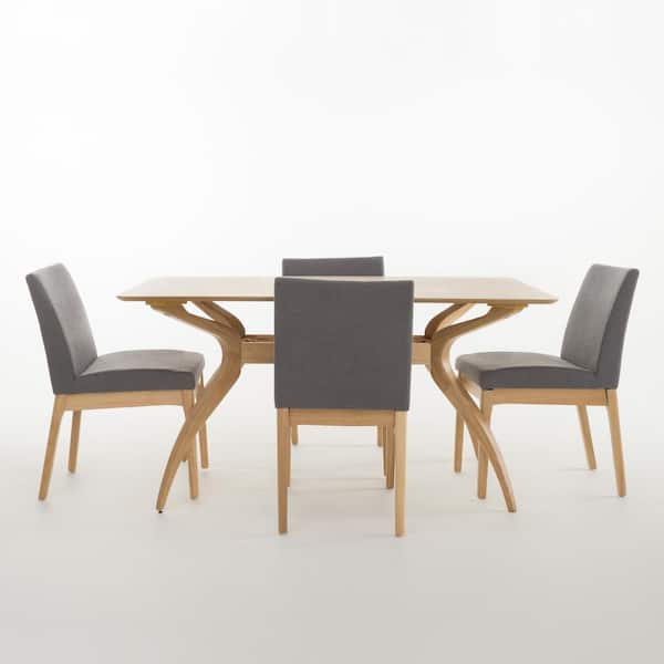 Noble House Kwame 5-Piece Dark Grey Fabric and Natural Oak Dining Set