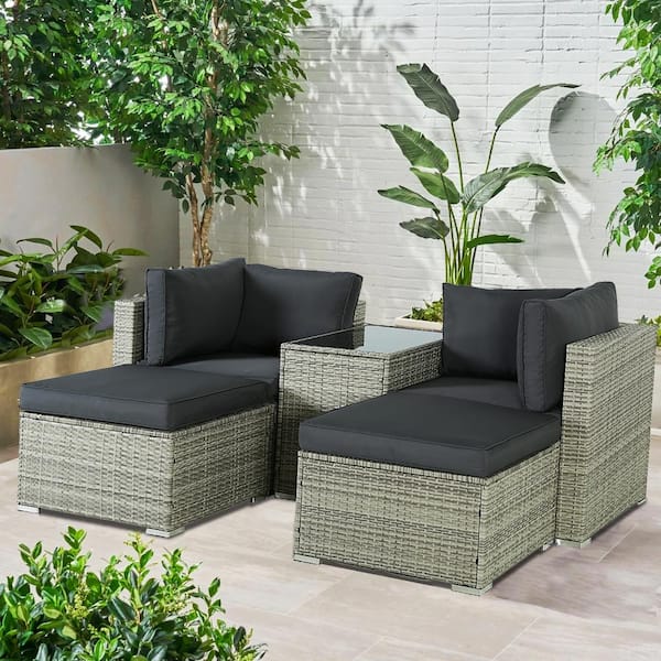 Zeus & Ruta Gray 5-Piece Wicker Metal Patio Conversation Set with Gray Cushions and Coffee Table
