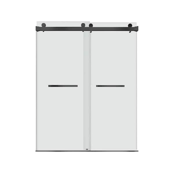 WELLFOR 72 in. W x 76 in. H Double Sliding Frameless Shower Door in Matte Black Shower Enclosure with 3/8 in. Clear Glass