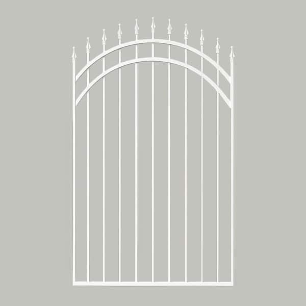 Glossy White Arched Tiger Eye Steel Gate (45 in. W x 68 in. H) with Self-Close Hardware, Double-Sided Handle, 2x2 Hinges