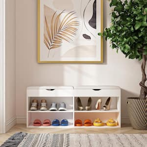 21.2 in. H x 47.2 in. W, White Wooden Shoe Storage Cabinet with Seating Cushion Open Shelf and Hiden Place (for 8 Pairs)