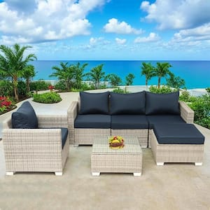 6-Piece Grey Rattan Wicker Patio Conversation Set Outdoor Sectional Sofa Set with Cushions in Dark Blue
