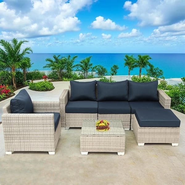 Unbranded 6-Piece Grey Rattan Wicker Patio Conversation Set Outdoor Sectional Sofa Set with Cushions in Dark Blue