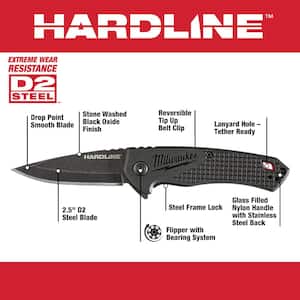 Hardline 2 .5 in. D 2 Steel Smooth Blade Pocket Folding Knife with 2 5 ft. Gen II STUD Tape Measure (2 -Piece)