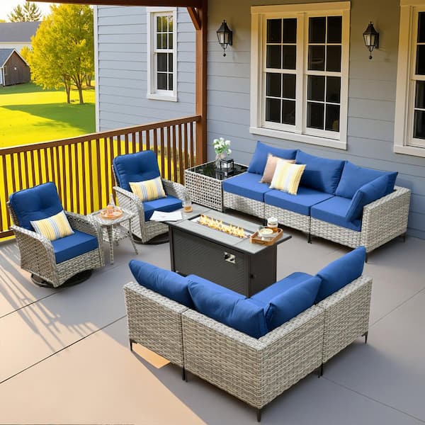 Howell 11-Piece Wicker Outdoor Furniture Patio Fire Pit Conversation Sofa Set with Swivel Chairs and Navy Blue Cushions