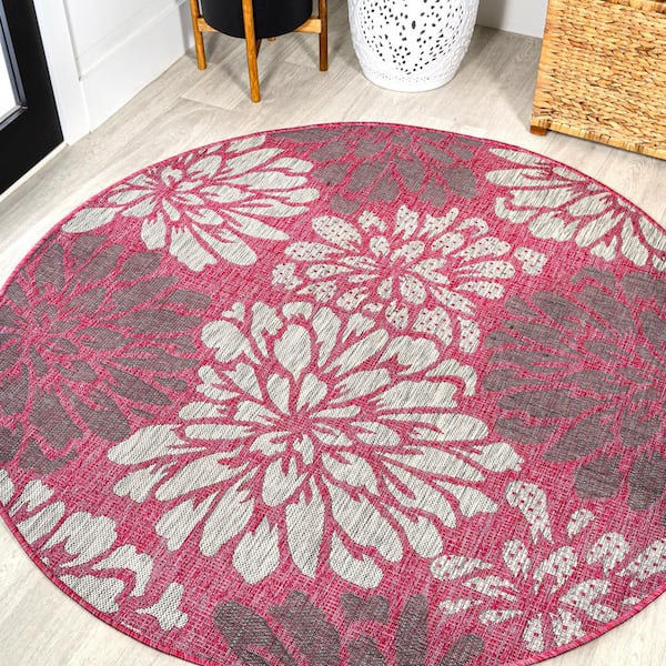Zinnia Modern Floral Textured Weave Fuchsia/Light Gray 5 ft. Round Indoor/Outdoor Area Rug