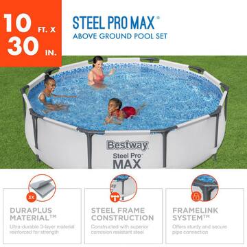 Bestway 56407E 10 ft. Round 30 in. High Metal Frame Pool Steel Pro MAX Family Swimming Pool Set 56407E-BW