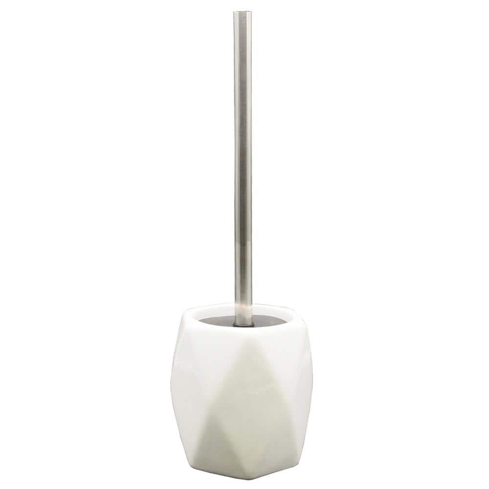 White Diamond Stoneware Toilet Brush Holder with Stainless Steel Handle