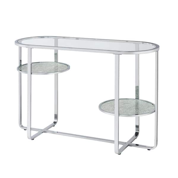 Furniture of America Thaler 42 in. Chrome and Clear Oval Glass Console Table with 2 Shelves