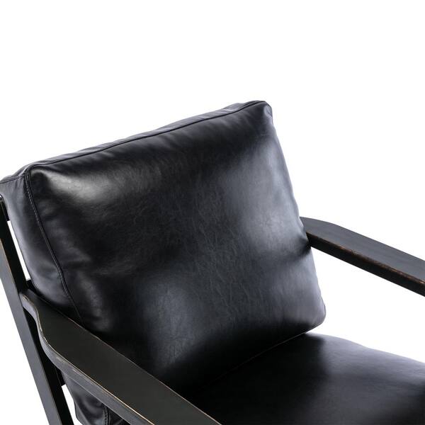 ATHMILE Black Mid-Century PU Leather Solid Wood Accent Chair with Removable Cushion (Set of 1)