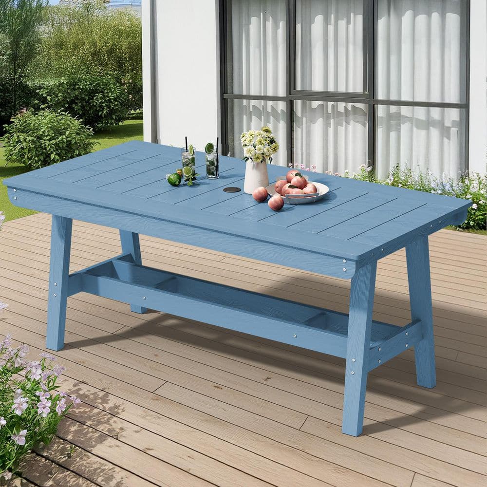 Navy Blue Rectangular HDPE Outdoor Dining Table with Umbrella Hole, All-Weather Patio Table for Indoor/Outdoor Use price history on PriceWatchPro