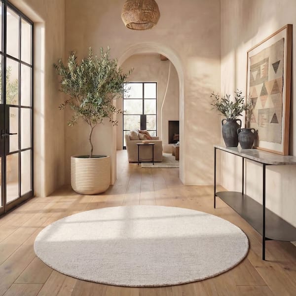 Abstract 12 ft. x 12 ft. Round Ivory/Beige Speckled Area Rug