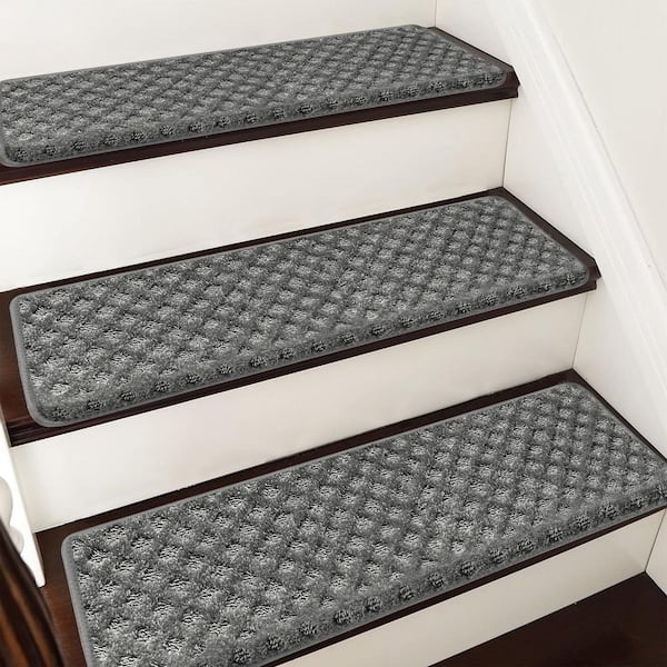 PURE ERA Mini Diamond Gray 9.5 in. x 30 in. x 1.2 in. Bullnose Indoor Non-slip Carpet Stair Tread Cover Tape Free (Set of 14)