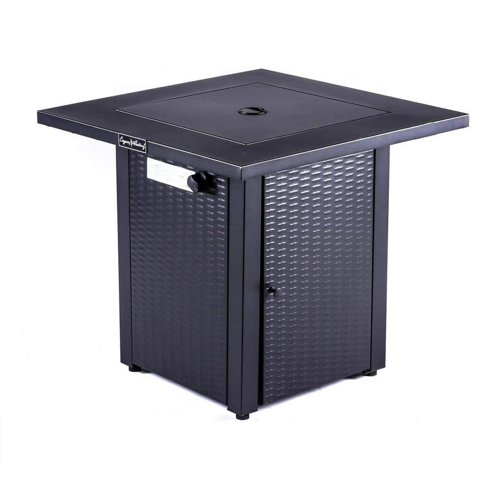 28 in. 50000 BTU Metal Outdoor Gas Propane Fire Pit Table with Lid and Adjustable Flame, Wicker Look for Backyard, Black