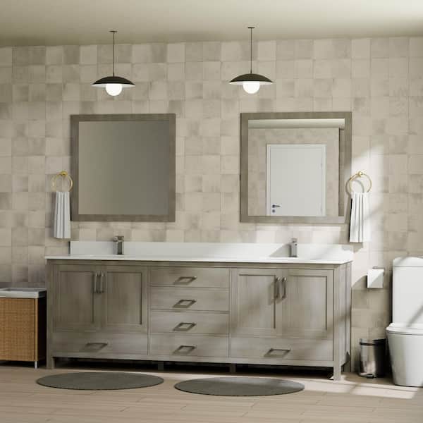 Lexora Jacques 80 in. W x 22 in. D Distressed Grey Double Bath Vanity, White Quartz Top, Faucet Set, and 30 in. Mirrors