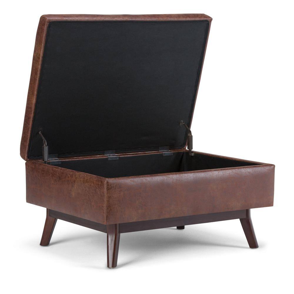Distressed Saddle Brown Wood Storage Ottoman with Hydraulic Lift