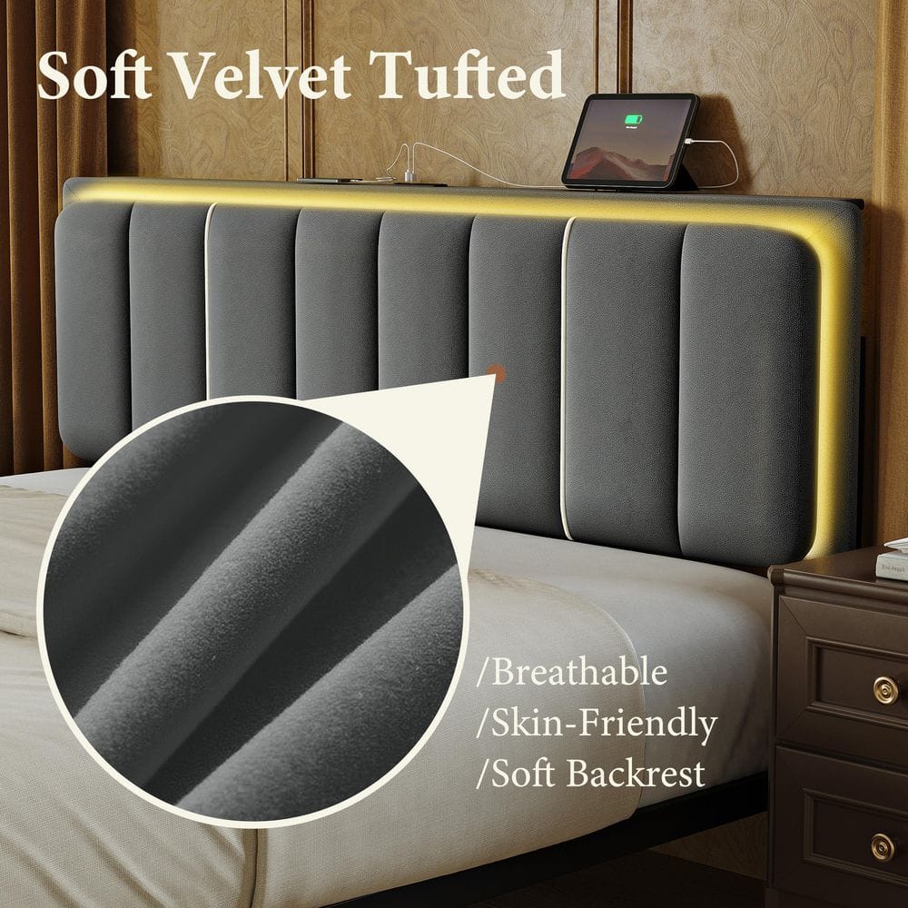 Close-up of the soft grey velvet fabric on the headboard.