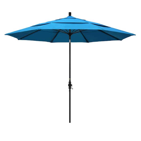 California Umbrella 11 ft. Matted Black Aluminum Market Patio Umbrella with Collar Tilt Crank Lift in Canvas Cyan Sunbrella