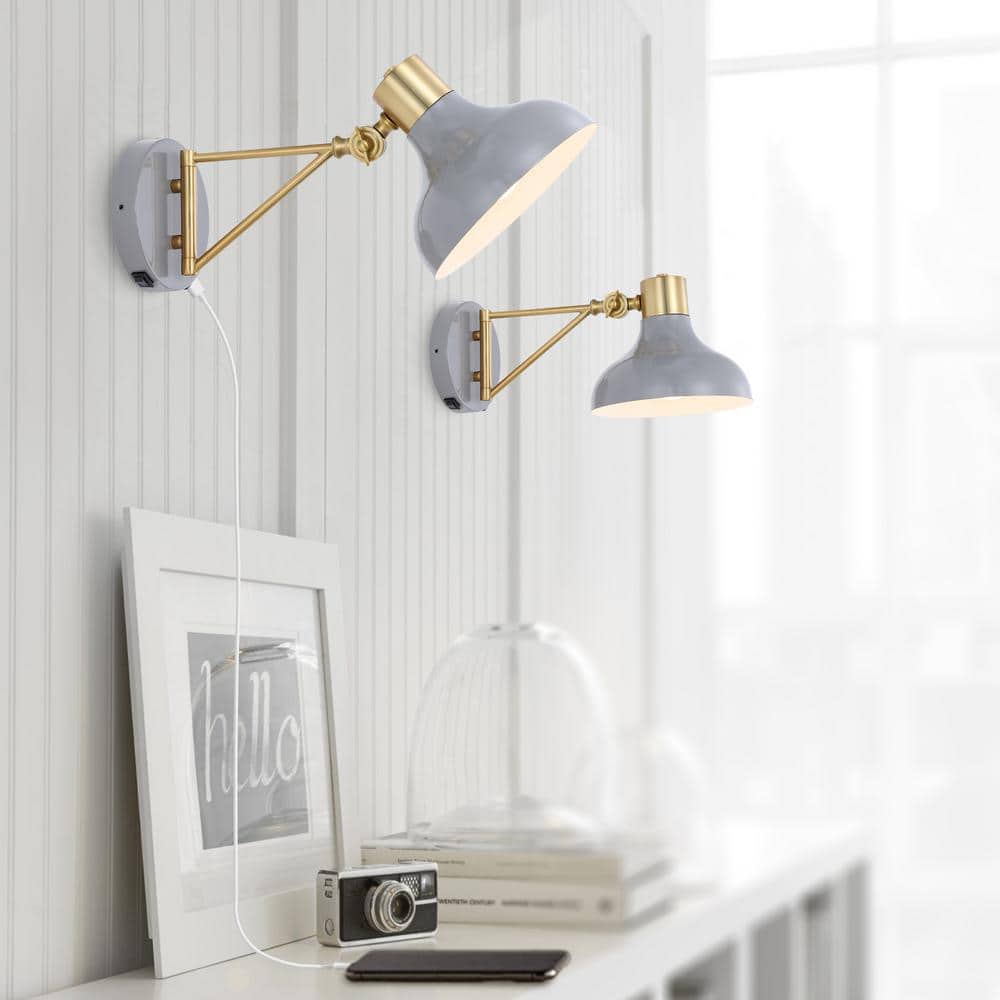 Gray and Brass Gold Swing Arm Wall Sconce with USB Port