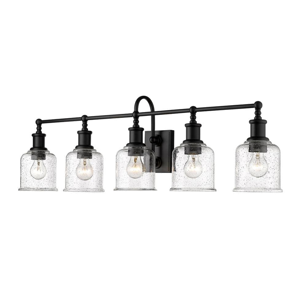Matte Black Steel 5-Light Vanity with Clear Glass Shades