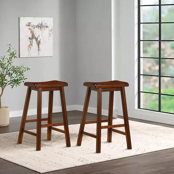 Benjara 24 in. Brown Low Back Wood Frame Bar Height stool with Wooden Seat (Set of 2)
