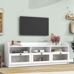 Modern Design White TV Stand Fits TVs up to 65 in. with Acrylic Board Door and Black Handles