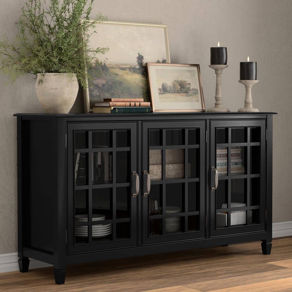 Black Solid Wood 60" Wide Storage Cabinet Buffet with Adjustable Shelving