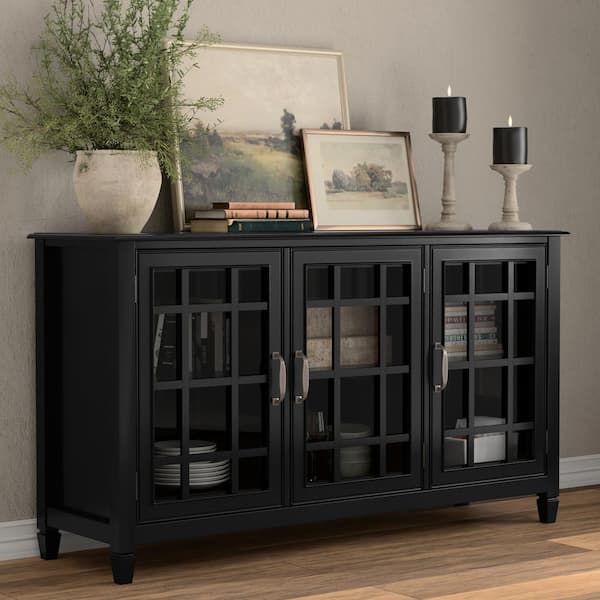 Simpli Home Connaught Solid Wood 60 in. Wide Traditional Wide Storage Cabinet Buffet in Black