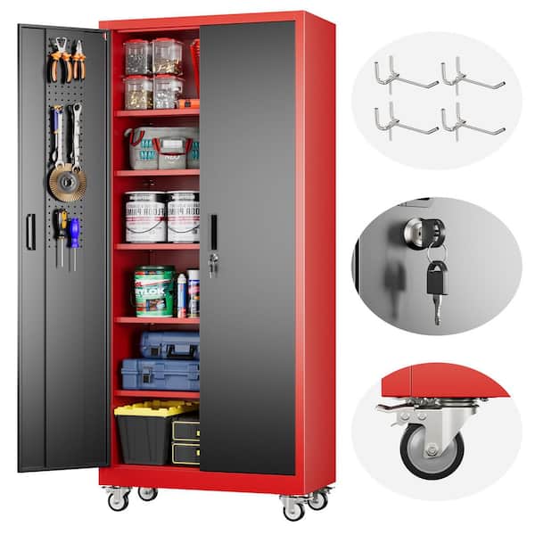 32 in. W x 71 in. H x 16 in. D Garage Storage Freestanding Cabinet w/Pegboard and 5-Adjustable Shelves in Black and Red