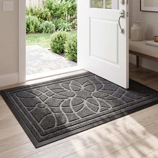 Dark Gray Flora 17.72 in. x 29.53 in. Anti-Slip Rubber Entryway Doormat, Durable Rectangular Outdoor Area Rug