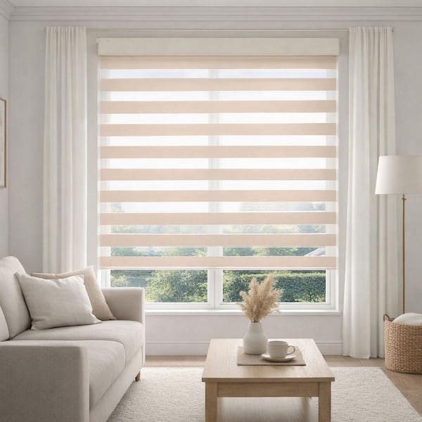 Beige Cordless No-Drill Polyester Light-Filtering Zebra Roller