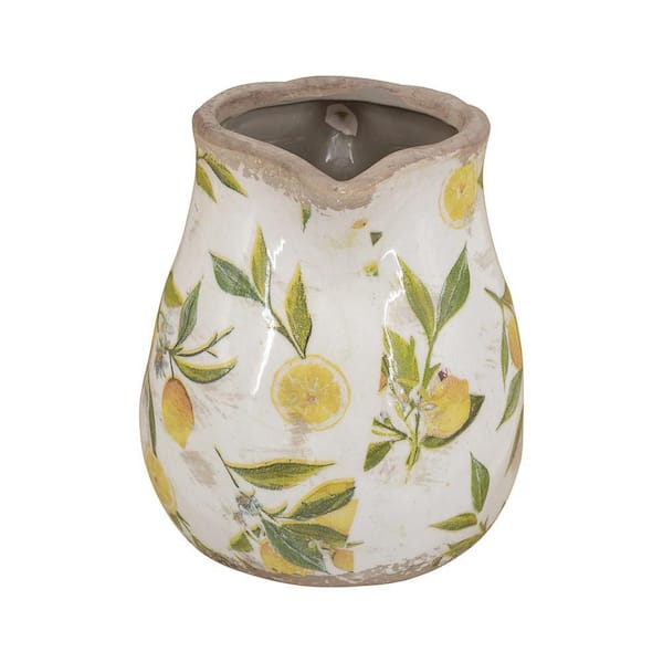 6 in. White Ceramic Pitcher Decorative Vase 1 Pc with Yellow Lemon