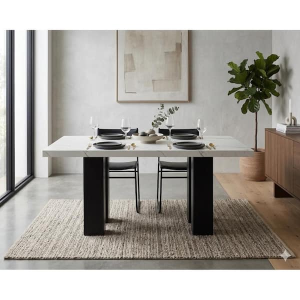Riac White and Black Faux Marble 68 in. Double Pedestal Base Dining Table Seating for 4