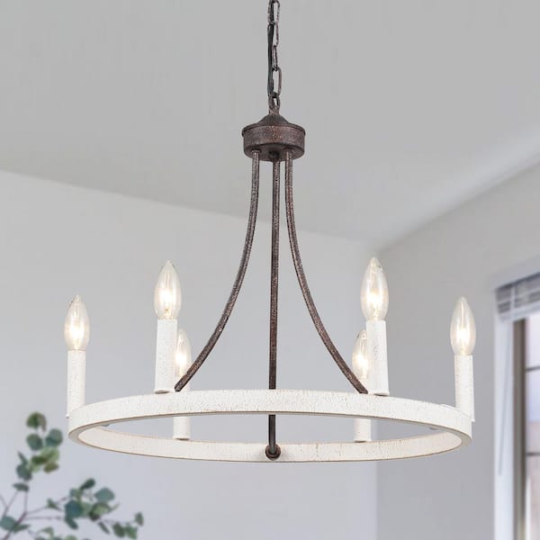 6-Light Farmhouse Black and Vintage White Candle Design Circle Wagon Wheel Chandelier Lighting for Kitchen Island